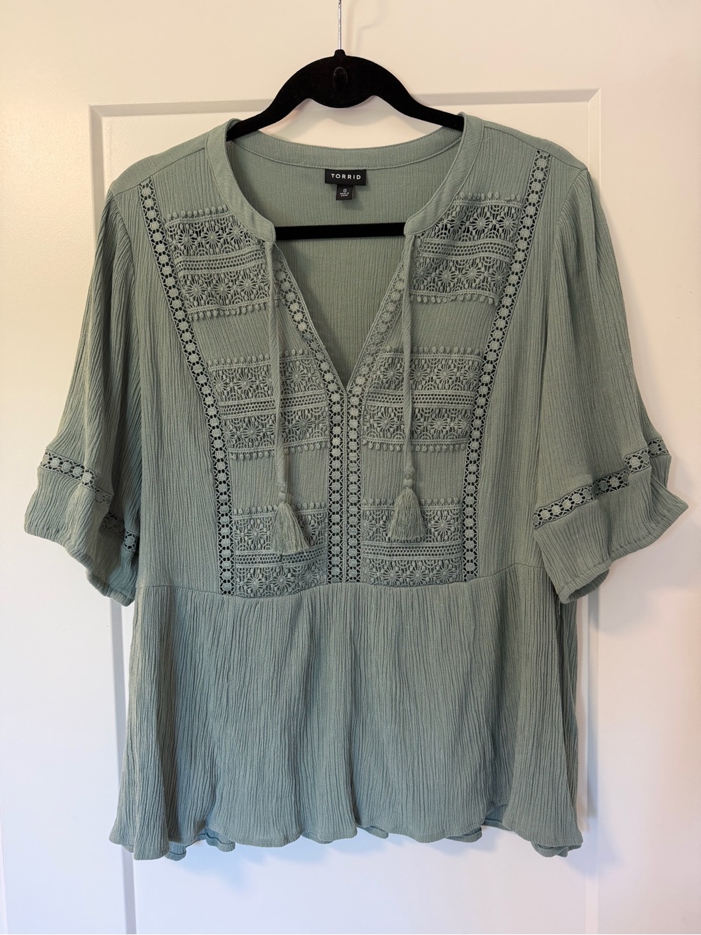 torrid sage green crochet-paneled tassel peasant blouse